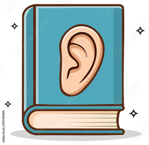 Illustration of a book with an ear, concept of learning and listening in design.
