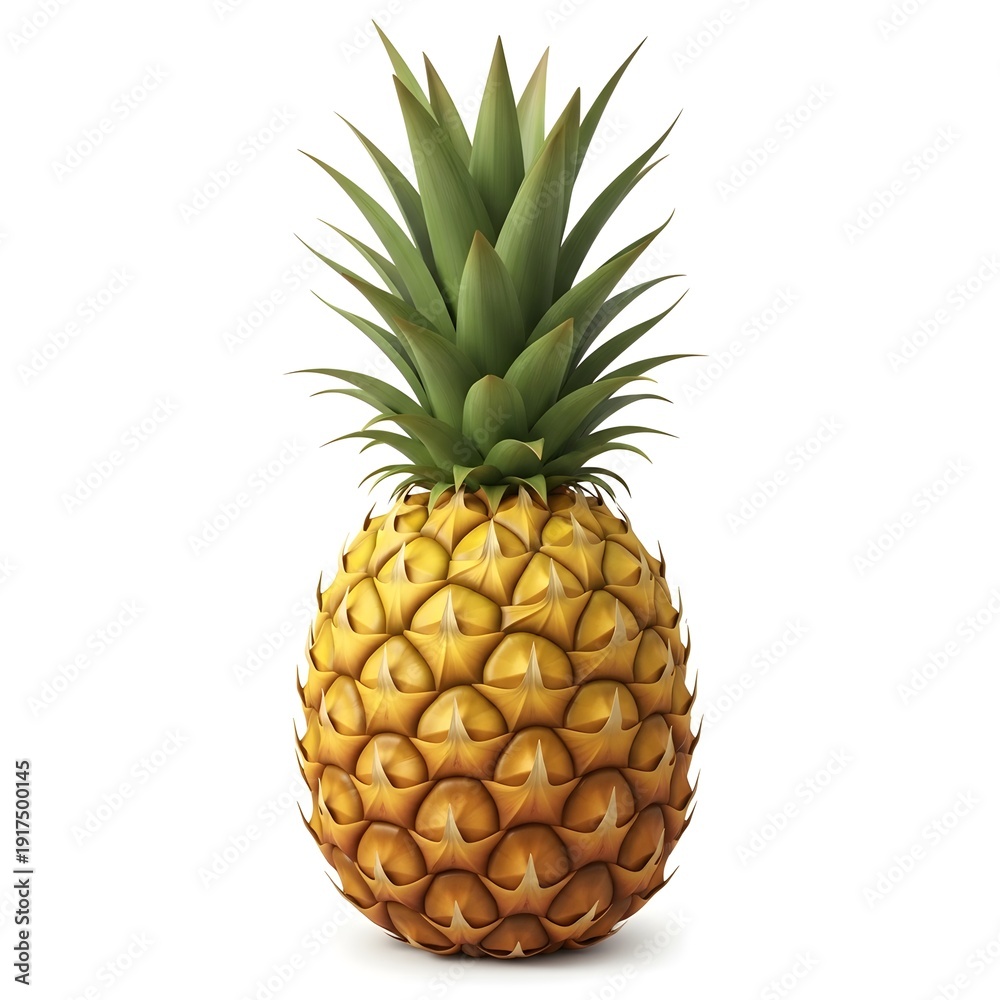 Fototapeta premium Fresh pineapple with vibrant green crown and golden yellow spiky skin.