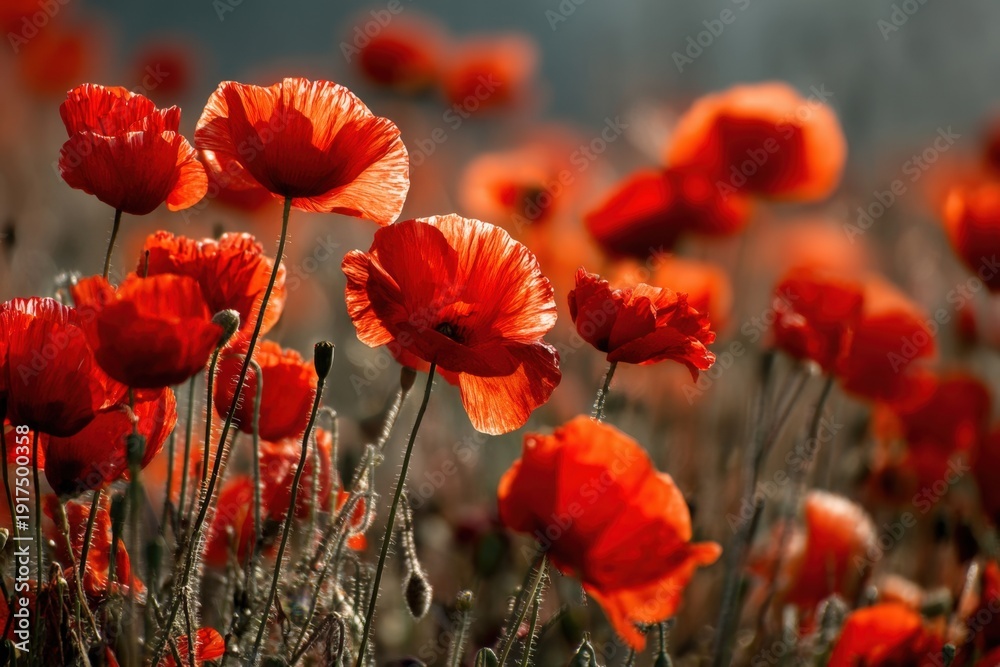 Obraz premium Bright red poppies grow in a vast field as the sun sets, casting warm light. The flowers sway gently in the breeze, showing their beauty and fullness in the soft evening glow