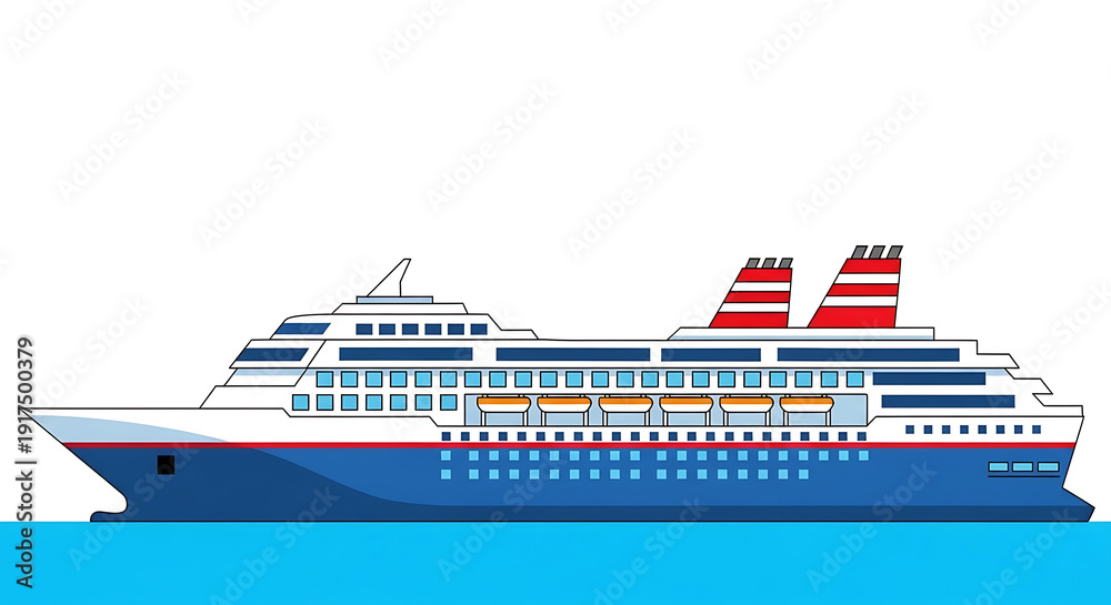 Obraz premium Luxurious cruise ship sailing on calm waters with multiple decks and red funnels, viewed from the side