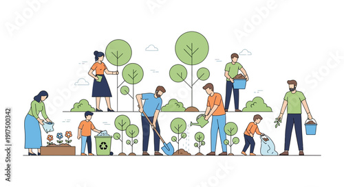 A group of people gardening and planting trees together in a colorful linear illustration on transparent background silhouette high quality professional