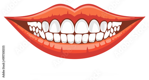 Grinning mouth with white teeth and red lips, vector illustration for healthy dental healthcare and cosmetic dentistry