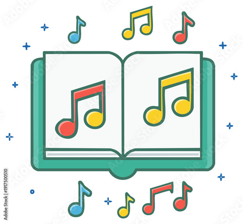 Colorful cartoon songbook with musical notes illustration for music education and lessons