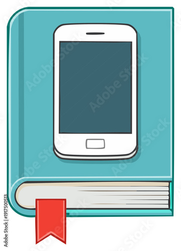 A cartoon illustration of a smartphone on a book representing ebooks and modern digital learning