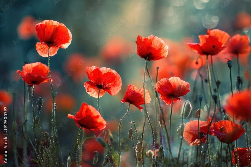 Fototapeta premium Bright red poppies grow in a vast field as the sun sets, casting warm light. The flowers sway gently in the breeze, showing their beauty and fullness in the soft evening glow