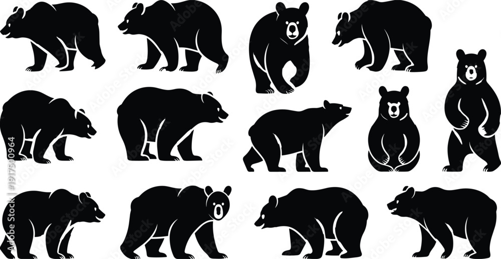 Fototapeta premium Black bear silhouettes in multiple poses including walking, sitting, and standing upright, stylized vector illustration representing wildlife, animal behavior, and nature design elements.