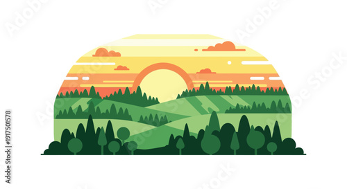 A vibrant landscape featuring a sunset over rolling hills and trees presented as a clean silhouette on transparent background high quality