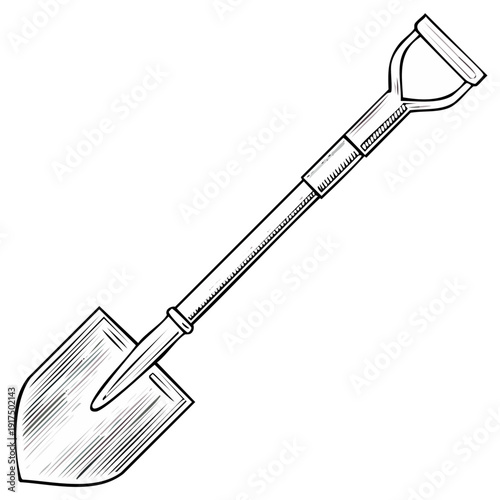 Hand-drawn sketch of a garden shovel with a pointed blade and D-shaped handle.