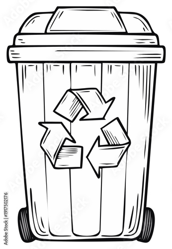 Black and white line art illustration of a wheeled recycling bin with a symbol