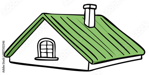 Charming hand drawn illustration of a white house with a green roof and chimney