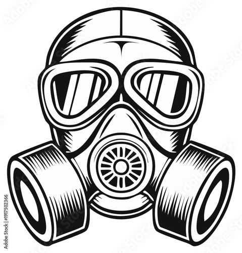 Vintage Industrial Gas Mask Illustration with Dual Filters and Goggles