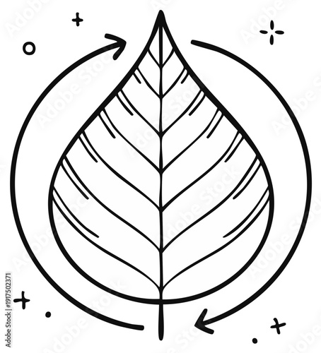 Recycling symbol with a leaf at the center hand drawn doodle style