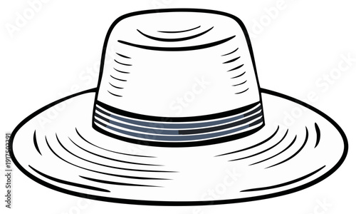 Stylish wide brimmed hat illustration with striped band and outline
