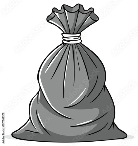 Illustration of a large, grey, tied garbage bag with a ruffled top, ready for disposal or storage