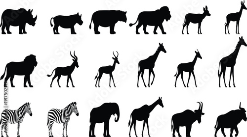 Silhouettes of African wildlife animals including elephant, giraffe, lion, zebra, rhinoceros, hippopotamus, and antelope, representing biodiversity, safari themes,