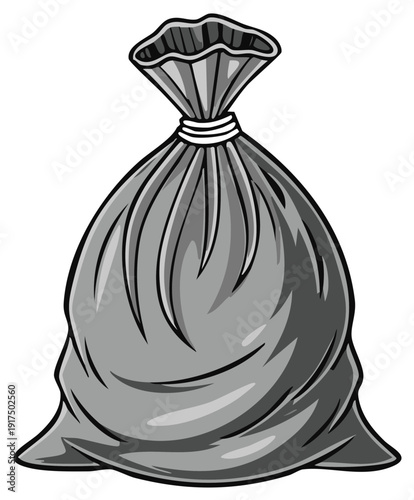 Gray Cartoonish Plastic Garbage Bag, Waste Sack Full of Trash,  Tied Up Top