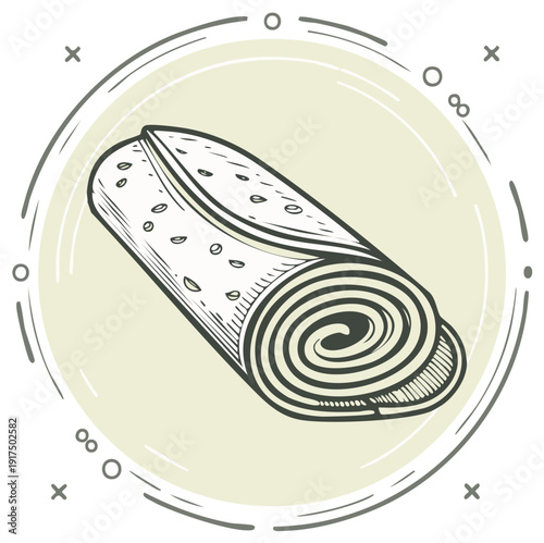 Hand drawn illustration of a rolled flatbread with sesame seeds inside a decorative circle