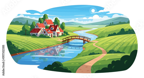 A charming countryside landscape featuring houses a river and a bridge presented as a silhouette on transparent background high quality professional