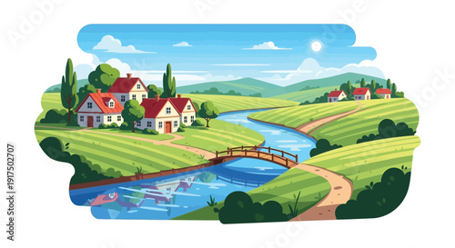 A picturesque countryside landscape with houses a winding river and rolling hills presented as a silhouette on transparent background high quality