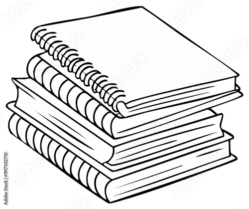 Stack of illustrated notebooks and books with spiral and bound bindings
