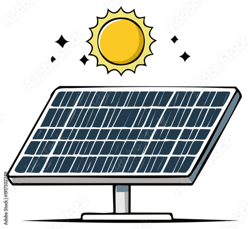 Solar panel illustration with the sun, clean energy concept and sustainable resources in cartoon style