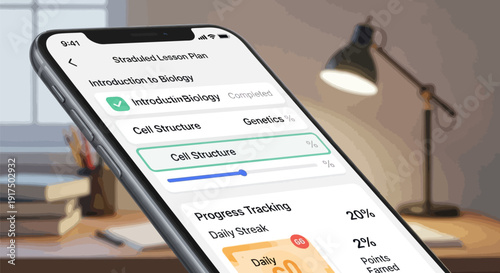 Mobile phone displaying educational app with biology lesson plan