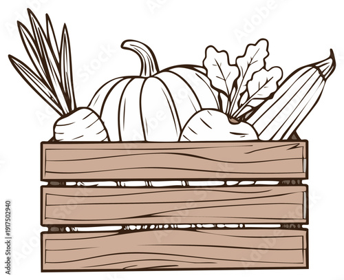 Hand drawn collection of farm fresh vegetables in a wooden crate for harvest season