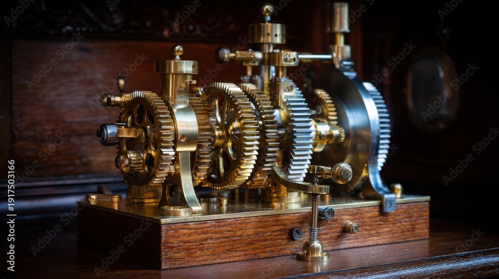 Fototapeta premium Intricate antique brass gears and clockwork mechanism with polished wood base