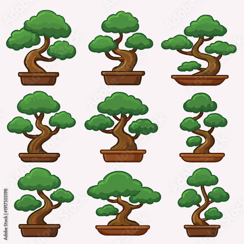 Adorable Bonsai Trees Vector Bundle: Cute Miniature Nature Collection for Graphic Design, Isolated on White Background