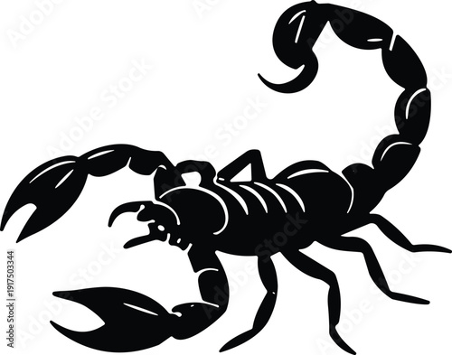Scorpion silhouette illustration, stylized arachnid with pincers and curved tail stinger, black vector artwork for nature, symbolic motif design