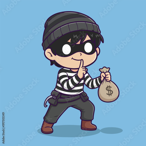 A cartoon thief in a black and white striped shirt holds a money bag and finger to lips in a comical pose against a solid blue background with a playful mood.