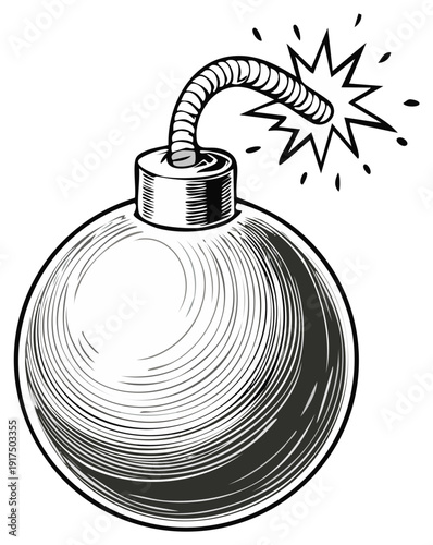 Ink drawing of a vintage round bomb with a lit fuse ready to explode.