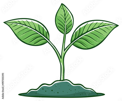 Cartoon illustration of a vibrant green seedling growing from fertile soil showcasing new life and nature