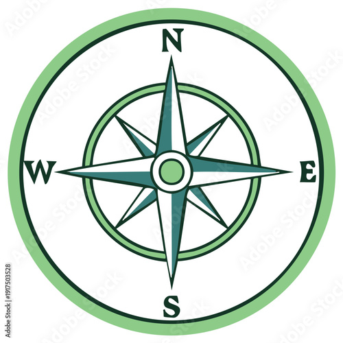 Stylized Compass Rose With North South East West Cardinal Directions and Green Border