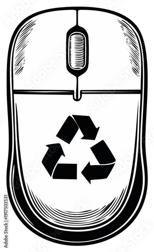 E-waste recycling concept with a computer mouse and recycle symbol in a vintage black and white woodcut style