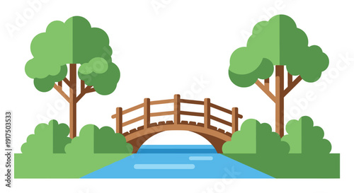A charming vector illustration of a wooden bridge over a stream with lush trees ideal for design projects on transparent background silhouette