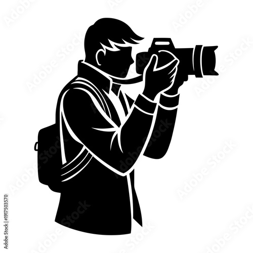 Photographer with DSLR Camera Silhouette Vector on White Background.