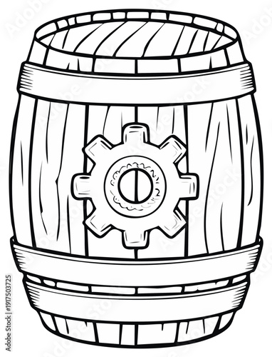 Wooden barrel with metal cogwheel emblem, illustration