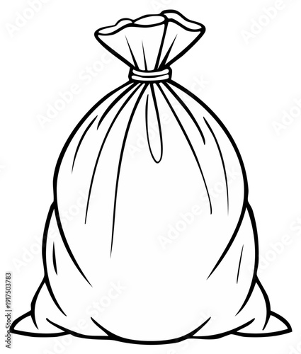 Simple Outline Drawing of a Full Drawstring Bag Isolated on White Background