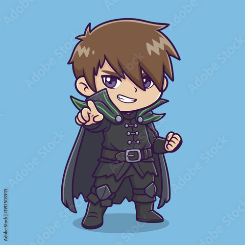Chibi-style cartoon character in a dark fantasy outfit pointing with a confident expression on a light blue background.