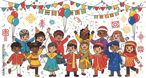 Diverse group of children celebrating a festive occasion together.