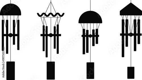 Wind chime silhouette illustration collection, decorative hanging design set, musical garden motif, outdoor ornament graphic, acoustic art concept, relaxation symbol