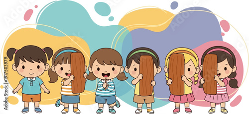 Group of happy cartoon children standing together smiling.