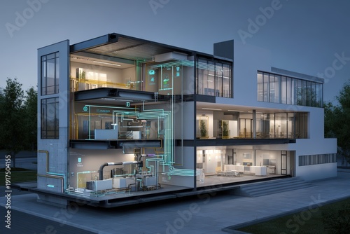 Cross section visualization of energy efficient building showing thermal envelope heat recovery ventilation and smart climate controls with efficiency metrics overlay