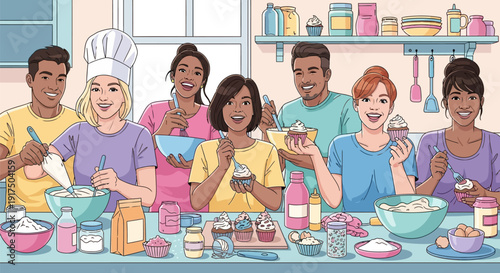 Diverse group of people baking together in a kitchen.