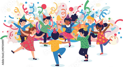 Diverse group of children celebrating with colorful confetti and streamers.