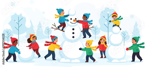 Children Playing and Building Snowman in Winter Wonderland.