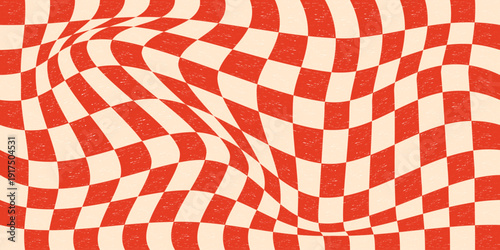 Wavy checker background. Groovy chessboard grid, distorted pattern with warped twisted tiles, funky psychedelic mosaic optical illusion effect y2k style. Vector illustration