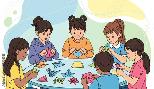 Group of children engaged in origami activity together.