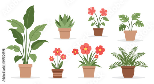 A collection of potted indoor plants and flowers in a flat vector style ideal for design projects on transparent background silhouette